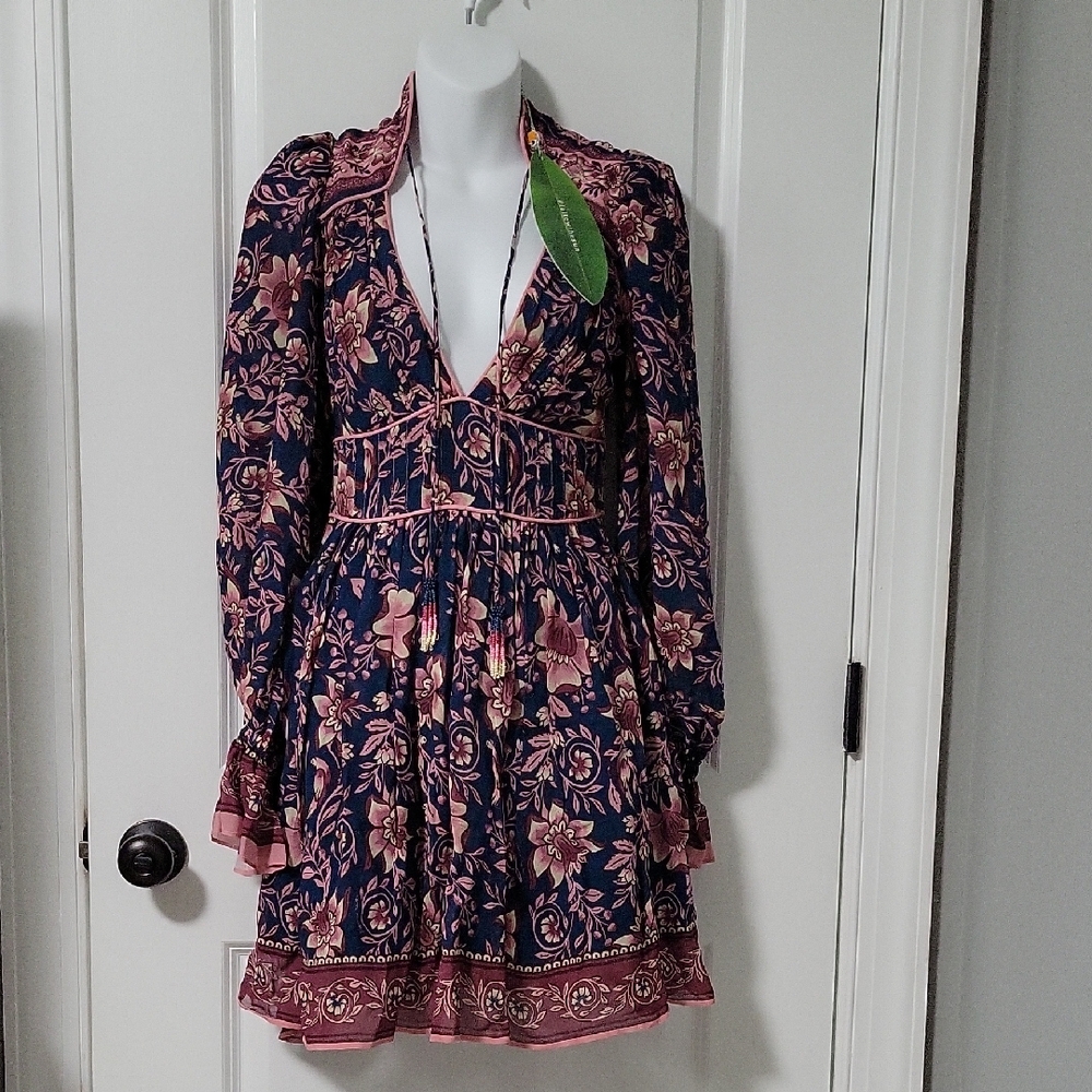 Farm Rio Pink and Orange Long Sleeve Plunge Sundress for Wedding Guest